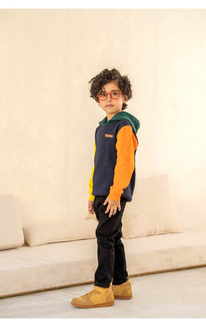 Boys navy blue color block fleece hoodie - Super Kids Clothing