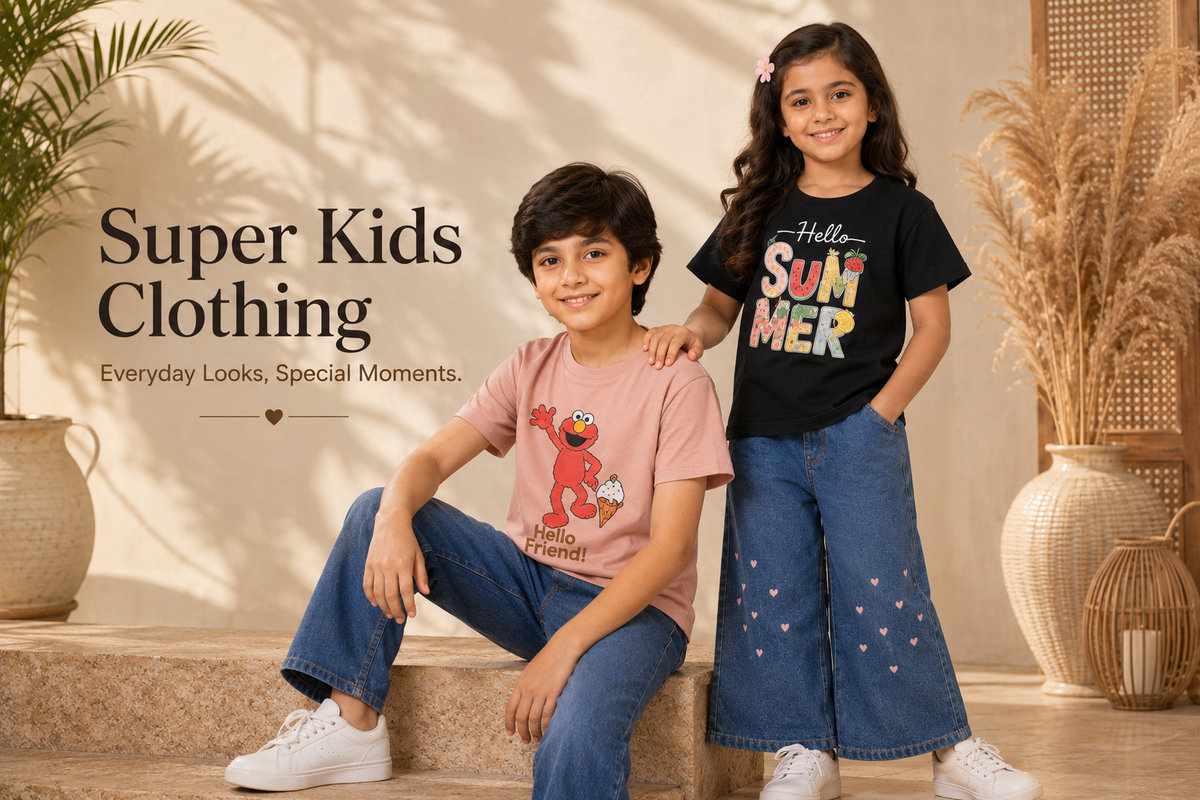 Boy and girl wearing casual kids clothes - Super Kids Clothing Pakistan