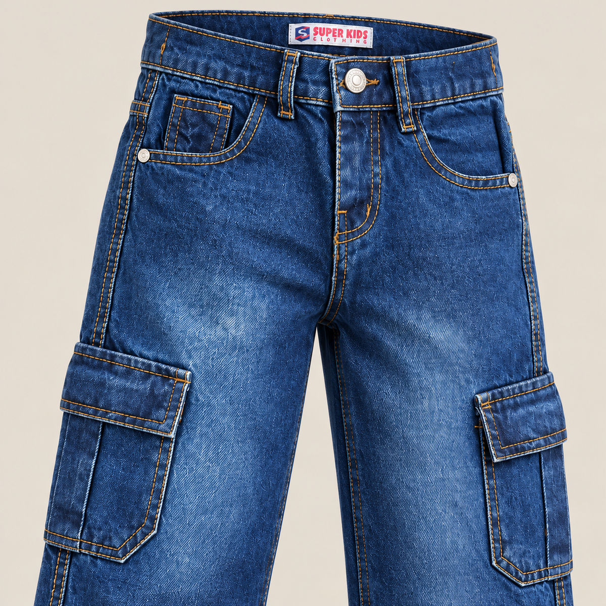 Boys Dark Blue Washed Denim Cargo Jeans