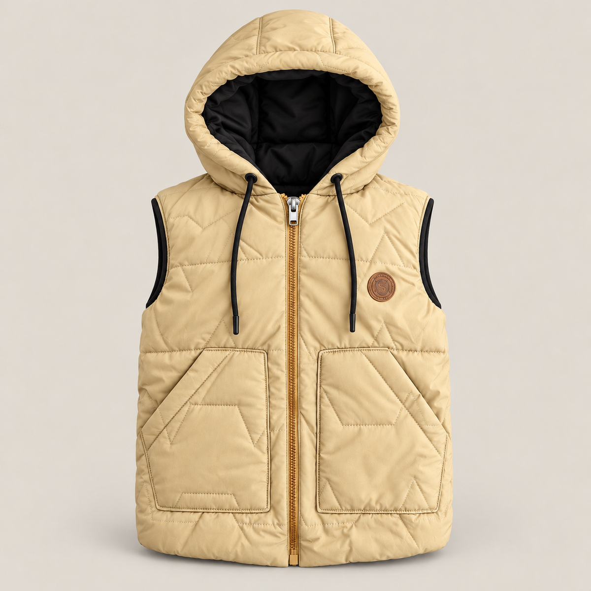 Boys beige hooded sleeveless padded jacket - Super Kids Clothing